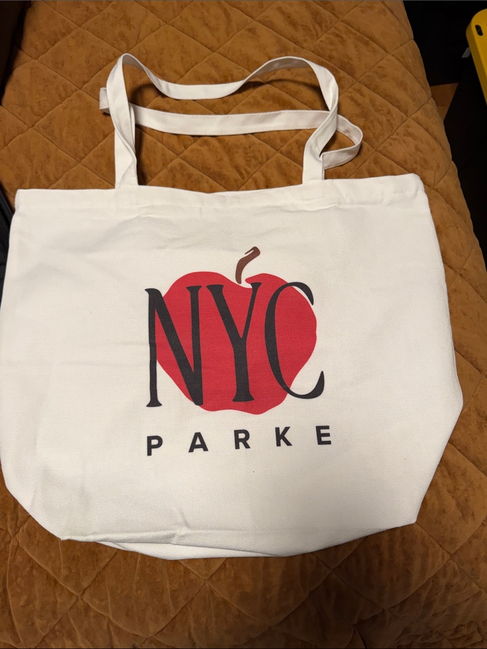 Parker White Canvas Tote with Red Apple NYC Graphic